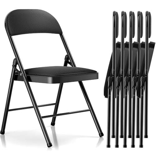 Fenbeli 6 Pack Padded Folding Chairs with Cushion, Black Fabric Foldable Chairs for Holidays, Parties & Big Gatherings, 330-Pound Heavy-Duty Steel Frame, Auto-Lock Hinge, Breathable Cushion - color: Black, Fabric, size: Set of 6