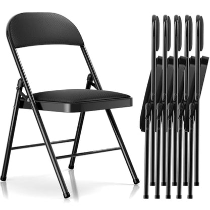 Fenbeli 6 Pack Padded Folding Chairs with Cushion, Black Fabric Foldable Chairs for Holidays, Parties & Big Gatherings, 330-Pound Heavy-Duty Steel Frame, Auto-Lock Hinge, Breathable Cushion - color: Black, Fabric, size: Set of 6