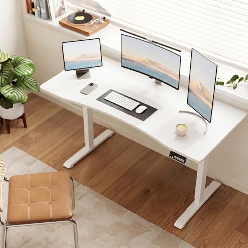 Solid Wood Electric Standing Desk, 55"x23.6" White Standing Desk | 1 BOX,Home Office Desk with 3 Stages Single Motor,Standing Desk White with T-Shaped Metal Bracket for Gaming - color: White, size: 55"x23.6"