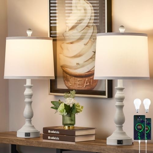 23'' Table Lamps Set of 2, Lamps for Bedroom, USB C+A Ports, Beige - color: B.White, Grey