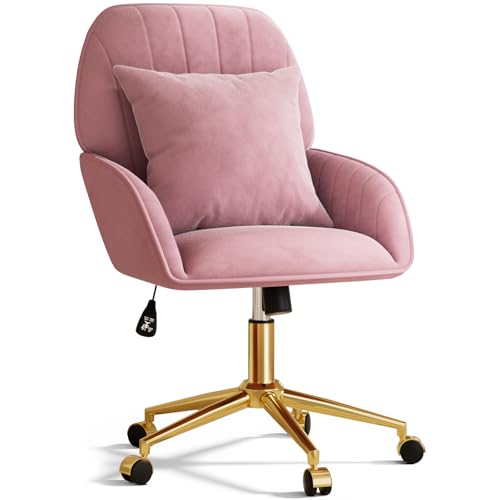Home Office Desk Chair Comfy with Adjustable Swivel Wheels, Modern Velvet Makeup Vanity Chair with Back & Pillow, Ergonomic Office Chair Computer Task Chair for Living Room, Bedroom, Rose Pink - color: Rose Pink