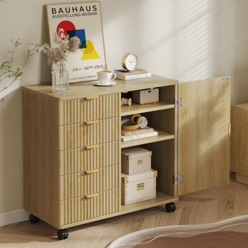 Bestier Office Storage Cabinet with 5 Drawer Adjustable Shelf, Oak - color: Oak