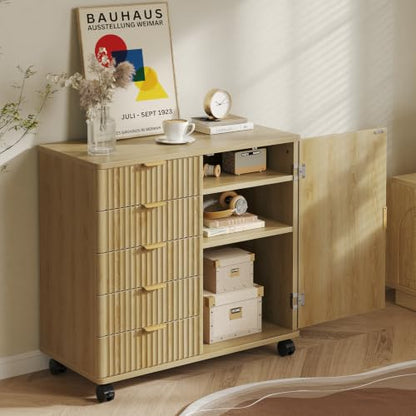 Bestier Office Storage Cabinet with 5 Drawer Adjustable Shelf, Oak - color: Oak