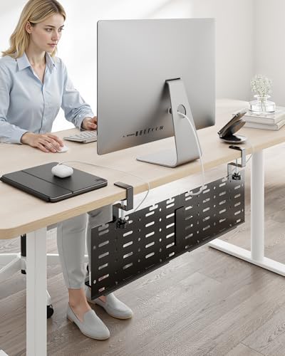 PEGZONE Under Desk Cable Management Tray, 30.2" No-Drill C-Clamp Pegboard - color: Black