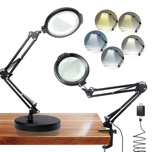 12X Large Magnifying Glass with Light and Stand, 5.2 Inch Magnifier with 5 Color Modes Stepless Dimmable, Hands Free Magnifying Glass Desk Lamp for Reading Crafts Repair Close Work