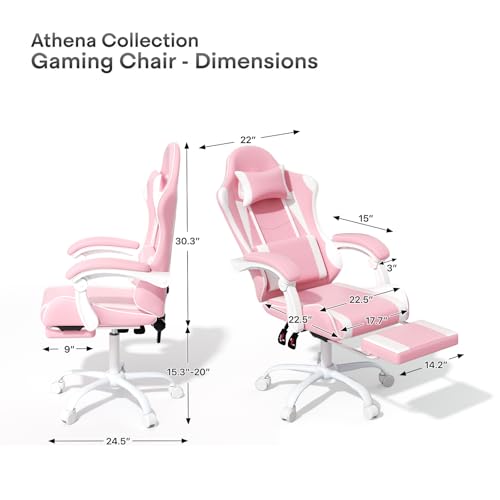 Athena Collection Ergonomic Gaming Chair for Adults, Pink | Height Adjustable Office Chair Computer Desk Chair with Footrest & Headrest Lumbar Support for Office & Home, 350lbs - color: Pink & Wihte