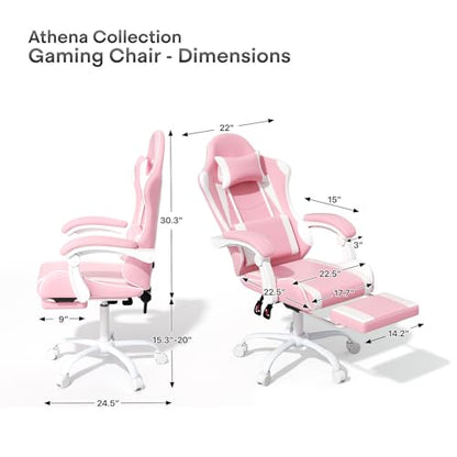 Athena Collection Ergonomic Gaming Chair for Adults, Pink | Height Adjustable Office Chair Computer Desk Chair with Footrest & Headrest Lumbar Support for Office & Home, 350lbs - color: Pink & Wihte