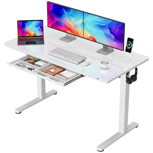 Furmax Glass Standing Desk with Drawers, Electric Adjustable Home Office Sit Stand Desk with One-Piece Desktop & USB Charging Port for Computer Desks - color: White Glass