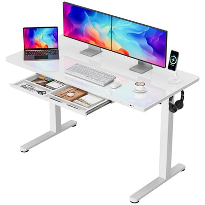 Furmax Glass Standing Desk with Drawers, Electric Adjustable Home Office Sit Stand Desk with One-Piece Desktop & USB Charging Port for Computer Desks - color: White Glass