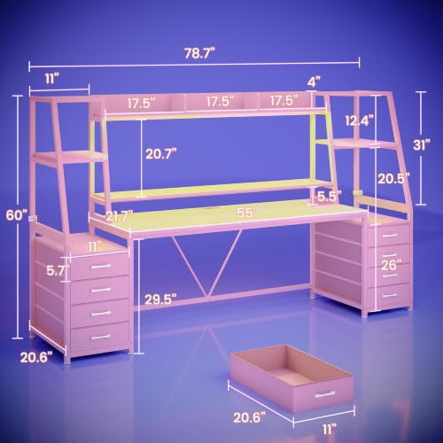 SEDETA 79'' Gaming Desk with LED Lights,8 Drawers and Storage Shelves, Pink - color: Pink With Drawers, size: 78.8 inches