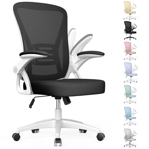 naspaluro Home Office Desk Chair Mid Back with Adjustable Height WhiteFrame | Comfy Ergonomic Chair with Flip-Up Arm and Lumbar Support, Breathable Mesh Swivel Computer Chair for Study Working Teacher - color: Bright White