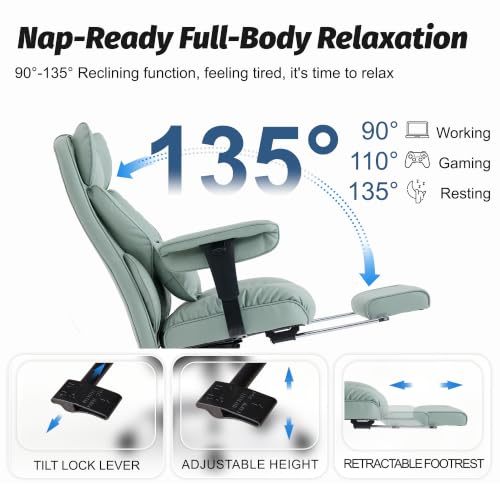 Efomao Executive Office Chair 400lbs,Green Big and Tall Desk Chair | Mattress-grade pocket spring cushion, sleek leather, 135° recline & footrest for computer gaming setup. - color: 3084p-green