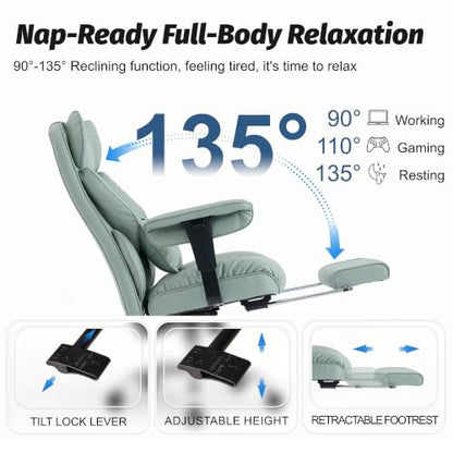 Efomao Executive Office Chair 400lbs,Green Big and Tall Desk Chair | Mattress-grade pocket spring cushion, sleek leather, 135° recline & footrest for computer gaming setup. - color: 3084p-green