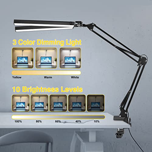 2-in-1 LED Double Head Desk Lamps for Home Office,24W Brightest Workbench Light,Eye-care Architect Desk Lamp with Clamp Base,3 Colors 10 Dimming Swing Arm Computer Desktop Light for Reading/Study