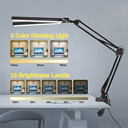 2-in-1 LED Double Head Desk Lamps for Home Office,24W Brightest Workbench Light,Eye-care Architect Desk Lamp with Clamp Base,3 Colors 10 Dimming Swing Arm Computer Desktop Light for Reading/Study