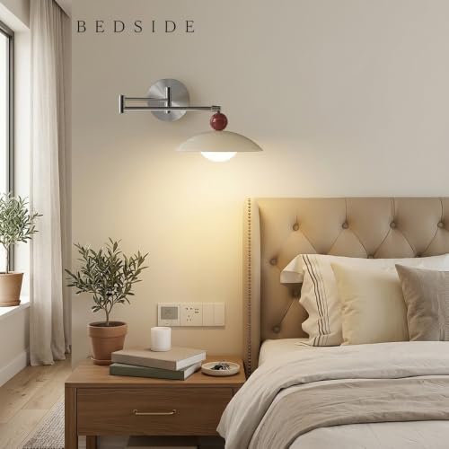 Nordic Chrome Swing Arm Wall Sconce, Modern Cream Dome Wall Mounted Lamp Silver Wall Lighting Fixture with Red Ball Accent for Bedroom Home Office