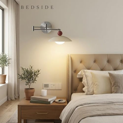 Nordic Chrome Swing Arm Wall Sconce, Modern Cream Dome Wall Mounted Lamp Silver Wall Lighting Fixture with Red Ball Accent for Bedroom Home Office