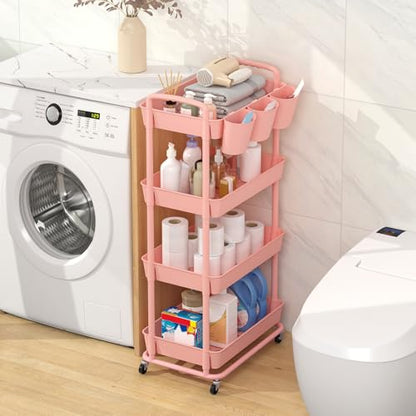 4-Tier Plastic Rolling Storage Cart Utility Cart with Extra Hanging Cups Handles Lockable Wheels for Living Room Bathroom Kitchen Office Pink | Utility Cart with Extra Hanging Cups Arc-Shaped Handles Lockable Wheels for Living Room Bathroom Kitchen Office