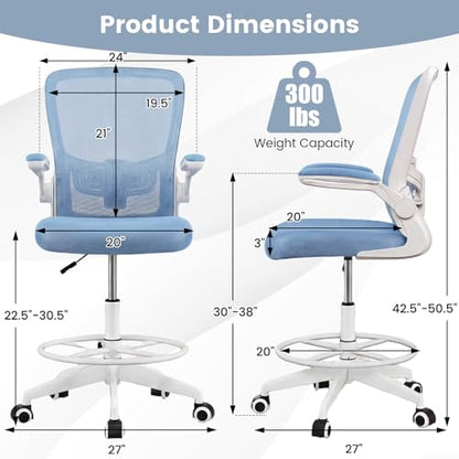 COSTWAY Drafting Chair with Flip-up Armrests & Adjustable Foot Ring, 1 Pack - color: Blue