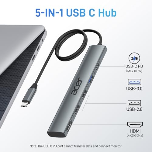 Acer 5 in 1 USB C Hub with 4K HDMI, 100W Power Delivery, 3 USB A Data Ports | USB C to HDMI Multiport Adapter for Laptop, PC, Tablet, MacBook Neo/Pro/Air, iPad Pro/Air, iMac, iPhone 17/16/15 (2ft) - size: 60cm