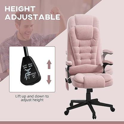 HOMCOM Executive Office Chair 6 Points Vibration Massage Velvet Pink | Heated Lumbar Support, High Back Computer Chair, Reclining Backrest, Tilt Function, Padded Armrests - color: Pink