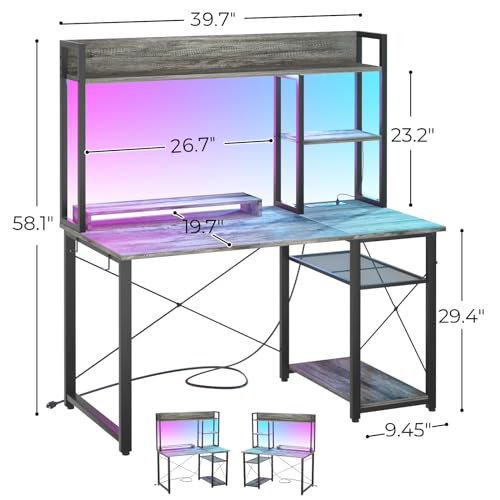 Cyclysio 39'' Gaming Desk with Hutch and Reversible Storage Shelves, Grey | Home Office Desk with LED Lights & Power Outlets, Computer Desk for Small Space - color: Grey, size: 39 inch