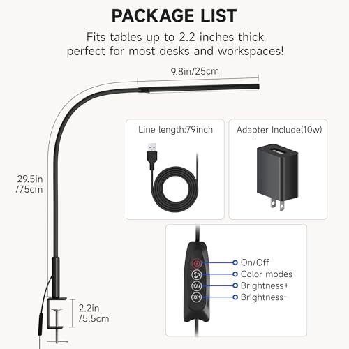 Clamp on Desk Lamp for Home Office, Eye-Caring Jigsaw Puzzle Desk Light | Desk Lamp with Clamp Mount, 3 Colors Stepless Dimming, Flexible Gooseneck Table Lamp with Adapter for Sewing, Black - color: Black Pro