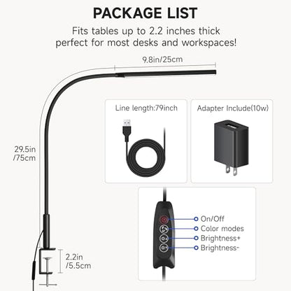 Clamp on Desk Lamp for Home Office, Eye-Caring Jigsaw Puzzle Desk Light | Desk Lamp with Clamp Mount, 3 Colors Stepless Dimming, Flexible Gooseneck Table Lamp with Adapter for Sewing, Black - color: Black Pro