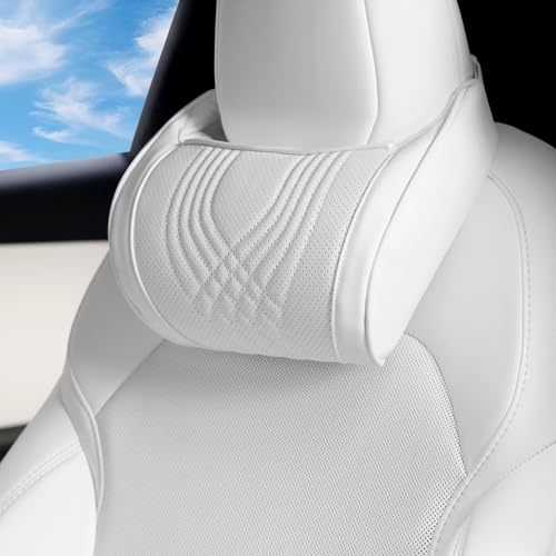 Car Headrest Memory Foam Neck Pillow for Driving White, 1 Pack | Soft Comfortable Leather Seat Head Rest Pillow Headrest Travel Neck Support Cushion for Most Cars SUV Home Office Chair - color: White, size: Headrest 1 Pack