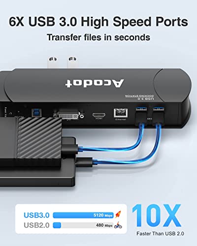 Acodot USB 3.0 Laptop Universal Docking Station Dual Monitor Dock for Windows/ Mac OS/ Surface Pro/ Surface Laptop, with Dual HDMI/ DVI/VGA, 6 USB 3.0 Ports, Gigabit Ethernet, Audio