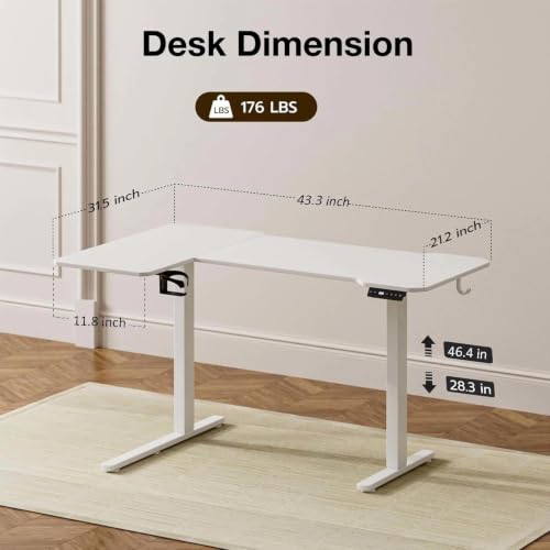 Acrolix L Shaped Electric Standing Desk, 43x31.5 Inch Reversible, White - color: White, size: 43