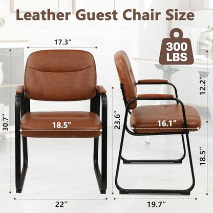 CLATINA Waiting Reception Chairs No Wheel, Leather Guest Chair with Padded Arms, Modern Brown Office Desk Chairs with Sled Base for Office Meeting Conference Room Lobby Home Living Room (2 Pack) - color: Brown-sled Base, size: 2pack