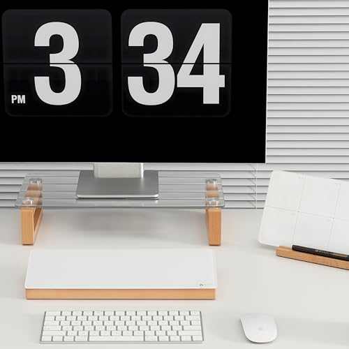 YEOUX Multi-Purpose Desktop Stand - 17.0" x 9.0" x 3.5" (Clear & Beech) | Clear Floating Glass Top with Natural Wood Base, Desk Organization, for Computer, Printer, Laptop, Audio Device, Flat Screen - color: Beech&Clear
