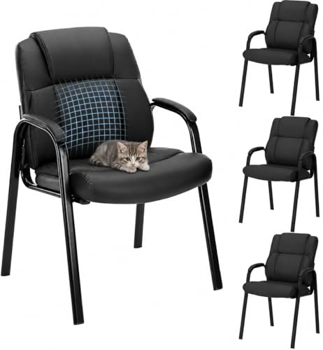 Office Guest Chair, PU Leather Padded Arms,Set of 4 | Waiting rooms, reception areas, conference rooms, clinics, metal frame, no wheels, high-density cushion, ergonomic backrest - color: Black, size: set of 4