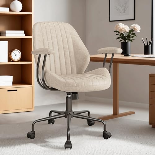 ovios Ergonomic Office Chair, Mid-Back Faux Suede Fabric Executive Chair with Padded Armrest, Mid-Century Modern Comfy Swivel Rolling Computer Desk Chairs, Beige - color: Beige, size: Mid Back, Regular Cushion