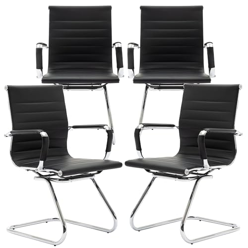 Conference Room Chairs Set of 4, Waiting Room Chairs with Arms, Faux Leather Reception Chairs No Wheels, Office Guest Chairs with Mid Back Support and Chrome Sled Base, Black - color: Black, size: 4PCS