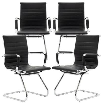 Conference Room Chairs Set of 4, Waiting Room Chairs with Arms, Faux Leather Reception Chairs No Wheels, Office Guest Chairs with Mid Back Support and Chrome Sled Base, Black - color: Black, size: 4PCS