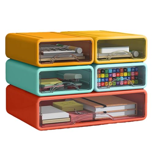 Desk Organizer with Drawers, Stackable Storage Drawers with Compartments Desktop Organization for Office Supplies, Makeup, Pencils, Tape, Erasers, Paperclips, Chargers (5pack) - color: Light blue+Yellow+Deep Blue+Orange+Red