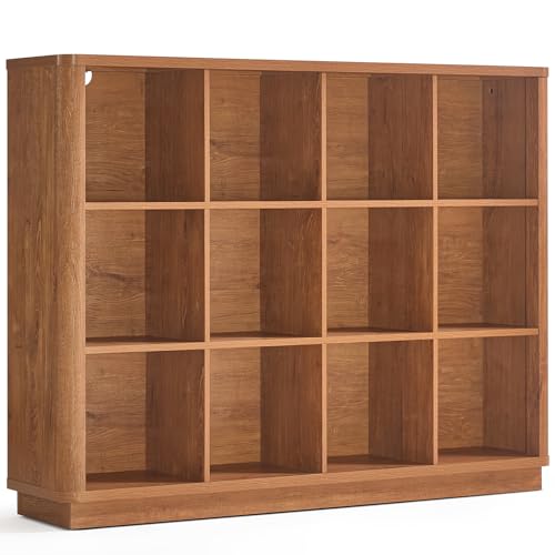 Joaxswe 12 Cube Storage Organizer, 41" Wide Large Bookshelf with Curved Edge, Wood Floor Standing 3-Tier Cubby Bookcase w/Base, Rustic Display Storage Cabinet, Book Case for Home Office, Brown - color: Brown, size: 12 Cube (11.81"D x 52.75"W x 41"H)