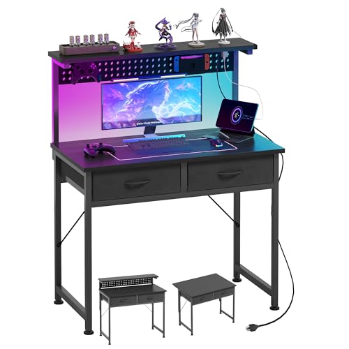 MUTUN Small Desk with Drawers, 31 Inch Computer Desk with Power Outlet & LED Light, Gaming Desk with Adjustable Monitor Stand & Pegboard, Modern PC Study Writing Table for Bedroom, Black - color: Black, size: 31 Inch