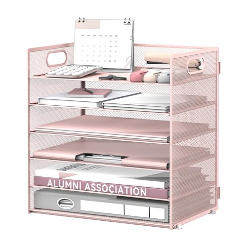 Daltack 6-Tier Paper Organizer for Desk with Handle, Pink | Sturdy Metal Mesh Organizer with Movable Middle Trays and a Carry Handle for Papers, Folders and Office Supplies - color: Pink