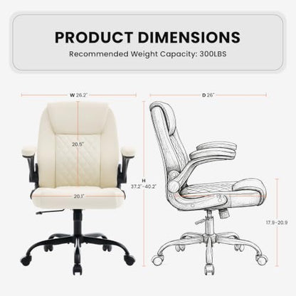 Executive Office Chair with Lumbar Support & Flip-up Arms, Beige | Ergonomic Desk Chair, 90–115° Tilt & Rocking, 20.1" Wide Seat, PU Leather, for Home Offices & Conference Rooms, 300Lbs - color: Beige