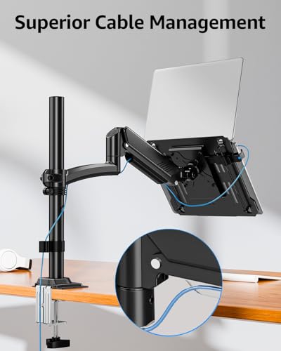 MOUNTUP Laptop Desk Mount, Adjustable Laptop Stand for max 17" Notebook or 32" Monitor, Laptops Arm Mount for Desk Holds 4.4-22lbs, Tall Laptops Stand with Clamp/Grommet - size: Single-With Pole