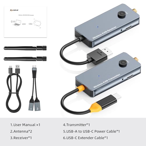 650Ft/200M Wireless USB-C to HDMI KVM Transmitter and Receiver Kit 1080P@60Hz Wireless KVM Long-Range USB Extender Support Screen Streaming & Keyboard/Mouse Signal Extension, PD100W Fast Charging - color: Silver