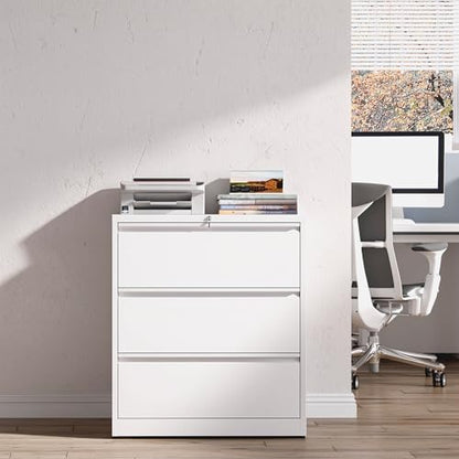 3 Drawer File Cabinet with Lock, Metal Lateral Filing Cabinets - color: White, size: 3 Drawer_ 26"W
