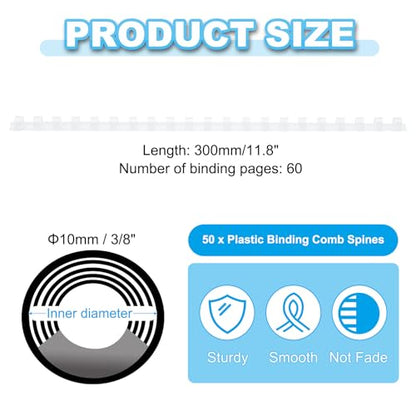 PATIKIL 10mm (3/8") Plastic Binding Combs, 50 Pcs 21 Rings Comb Binding Spines 60 Sheet Capacity Letter Size for Binding Paper Sheets, White - color: White, size: 10mm