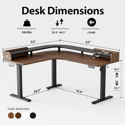 Agilestic L Shaped Standing Desk with Monitor Shelf, 63 Inch, Dark Walnut - color: Dark Walnut, size: 63 x 55 Inch with shelf