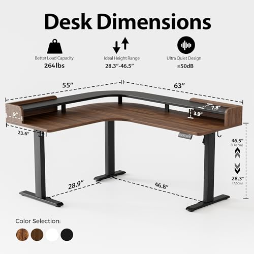 Agilestic L Shaped Standing Desk with Monitor Shelf, 63 Inch, Dark Walnut - color: Dark Walnut, size: 63 x 55 Inch with shelf