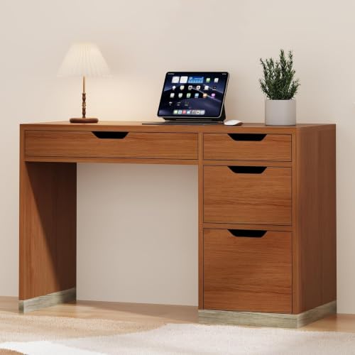 MaverickFurni 48 Inch Small Computer Desk with Drawers, Brown | 4 storage drawers, compact wood-look workspace for bedrooms and home offices, suitable for computer work, writing, and study - color: Brown, size: 48 Inch