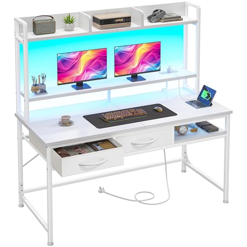 DurayLoly 47.2" Computer Desk with Hutch, LED Lights and Monitor Stand - color: White, size: 18.9"D x 47.2"W x 61.1"H